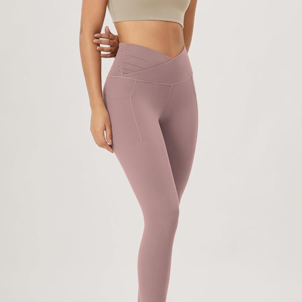 Women's Gathered Cross Waist Yoga Leggings with Pockets, 25" / 28" Crossover Wor - Picture 4 of 6